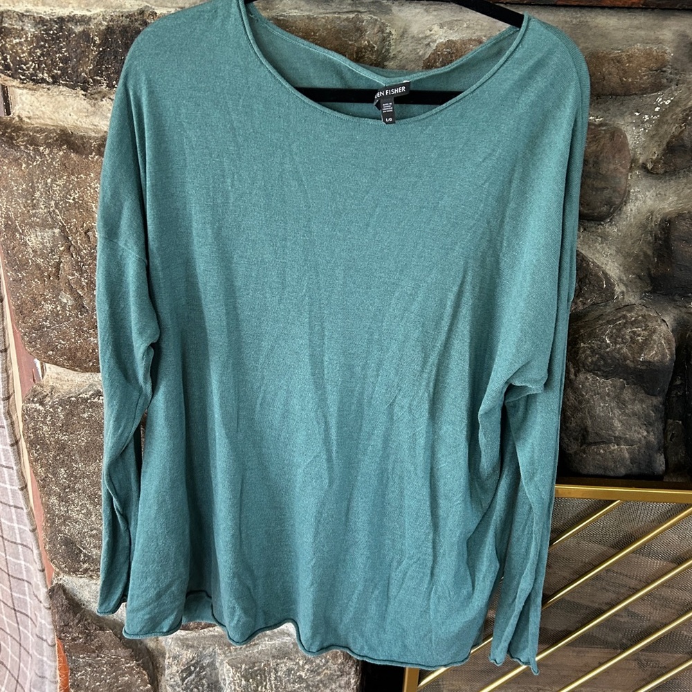 EUC Eileen Fisher Teal Rollneck Sweater Organic Cotton Silk Blend, L